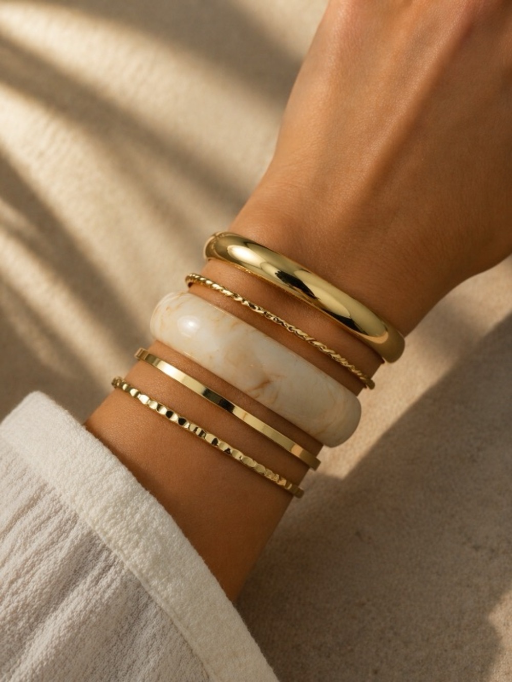 Gold and Cream Mixed Bangle Bracelet Set - Women Jewelry